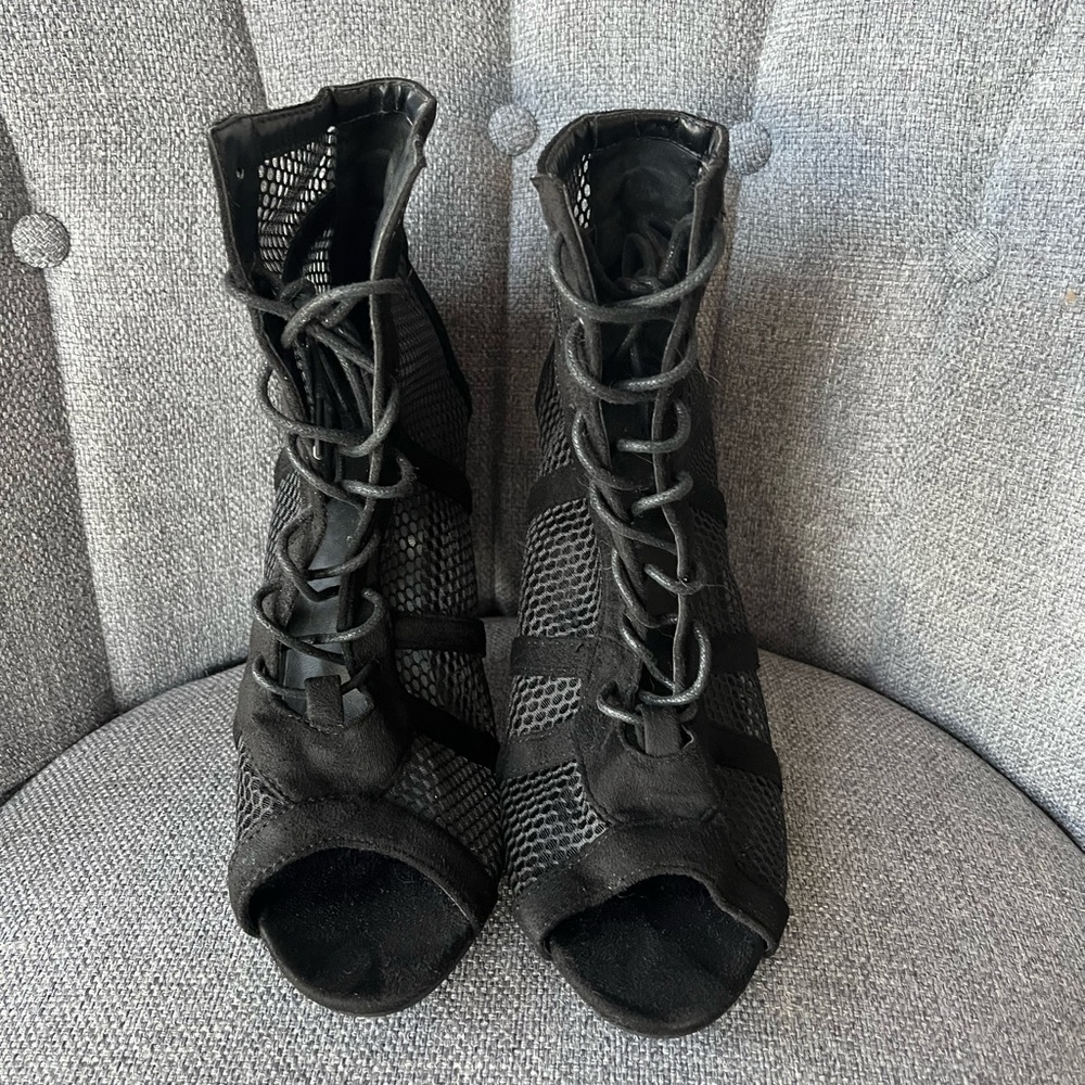 Women’s Black Lace-Up Mesh Peep-Toe Heels